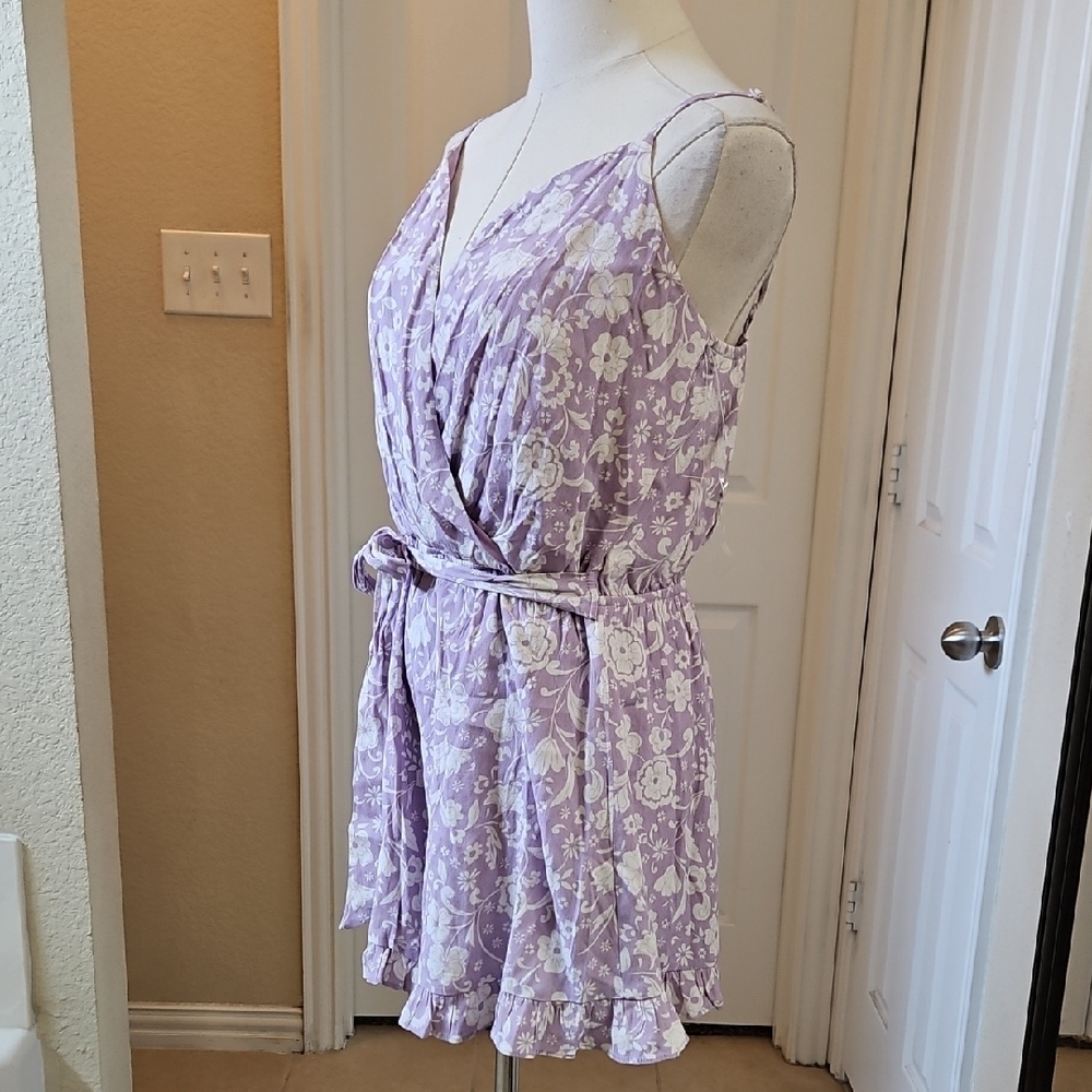 Crystal Doll Lilac and White Floral V Neck Spaghetti Strap Ruffle Hem Romper - Picture 5 of 9